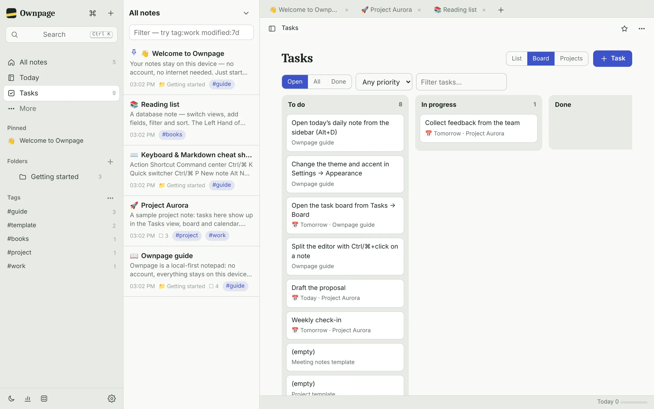 Task board with columns by status