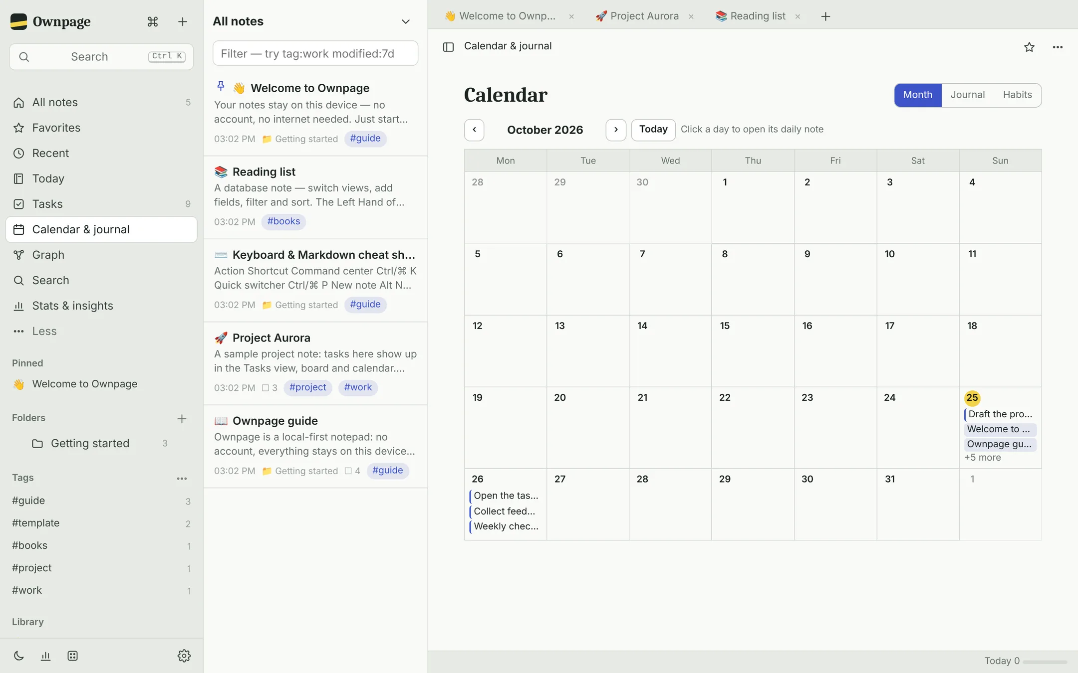 Calendar with daily notes and tasks