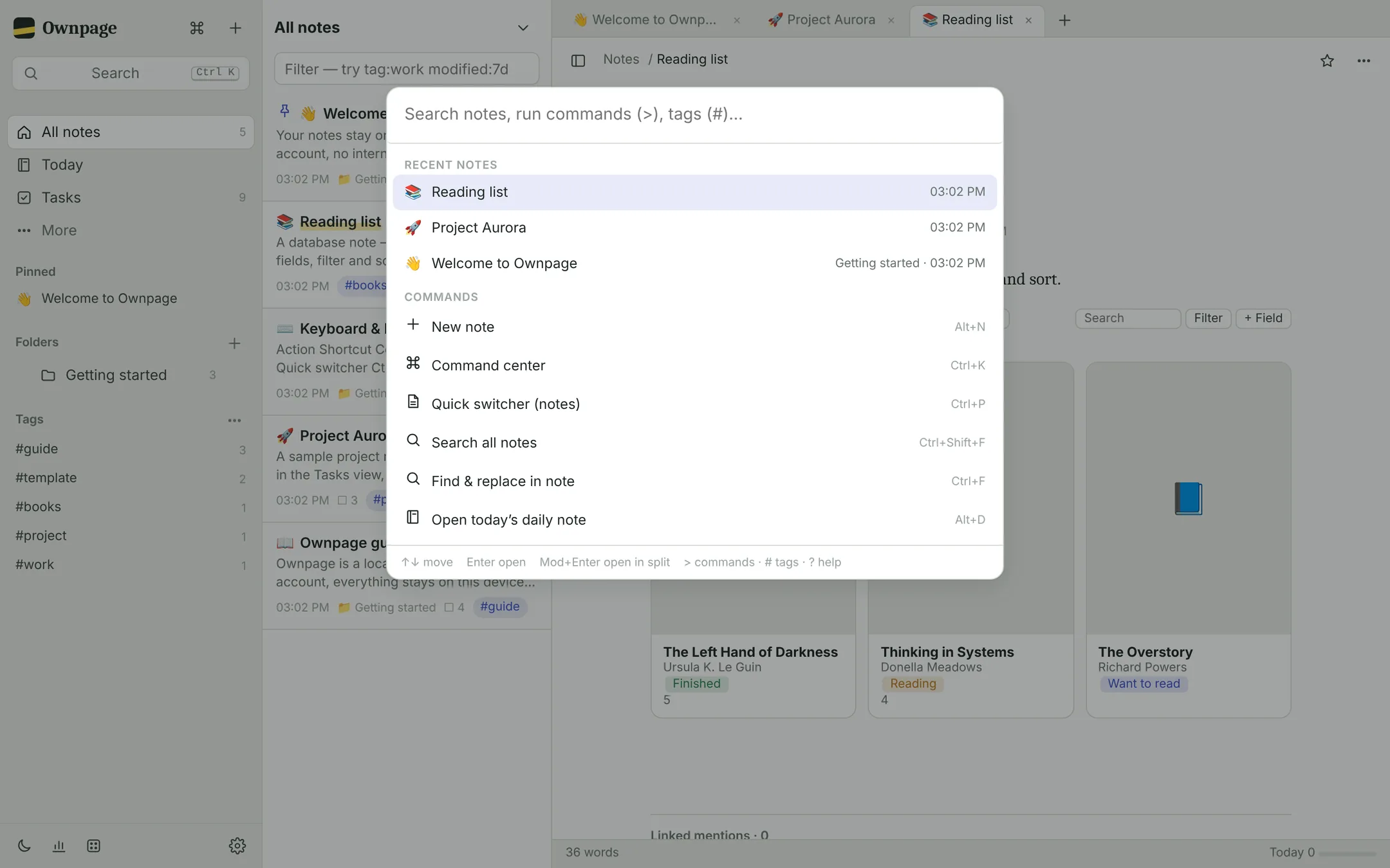 Command center: every note, command and setting behind Ctrl/⌘ K