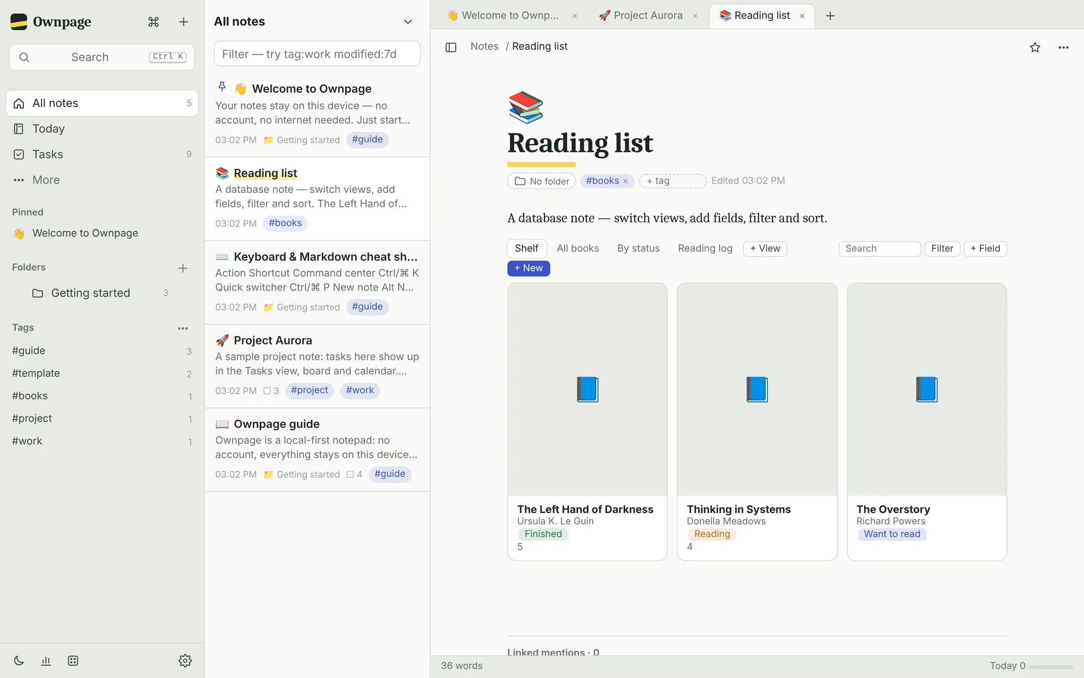 Database note with a gallery view
